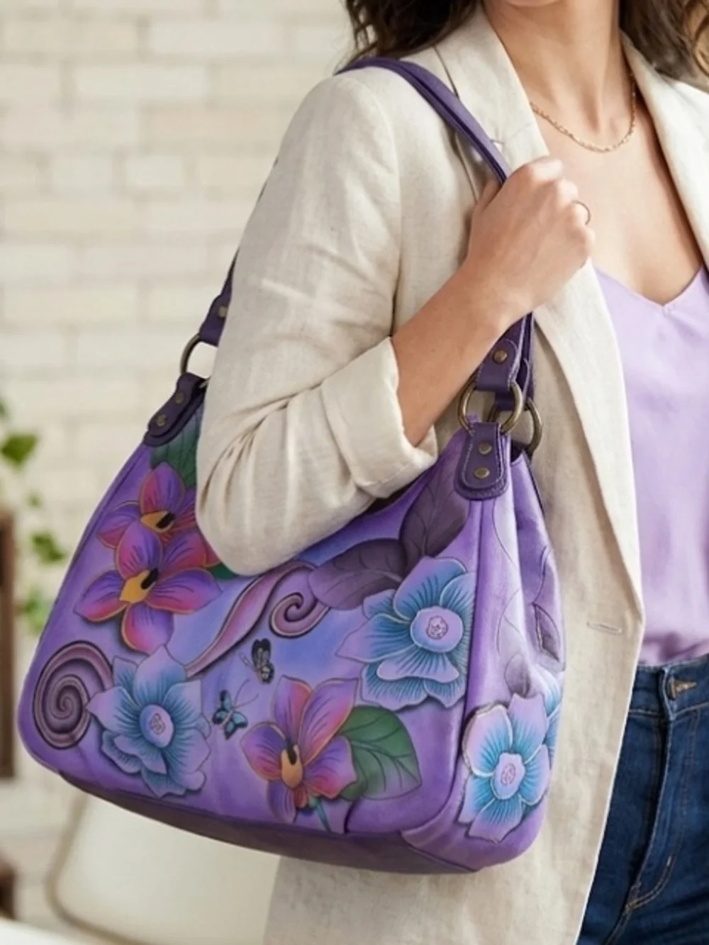 ANUSCHIKA India Purple Leather Floral‎ Triple Compartment Large Satchel Bag